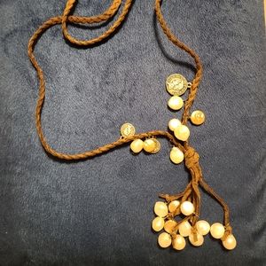 Handmade boho braided leather and baroque pearl coin necklace